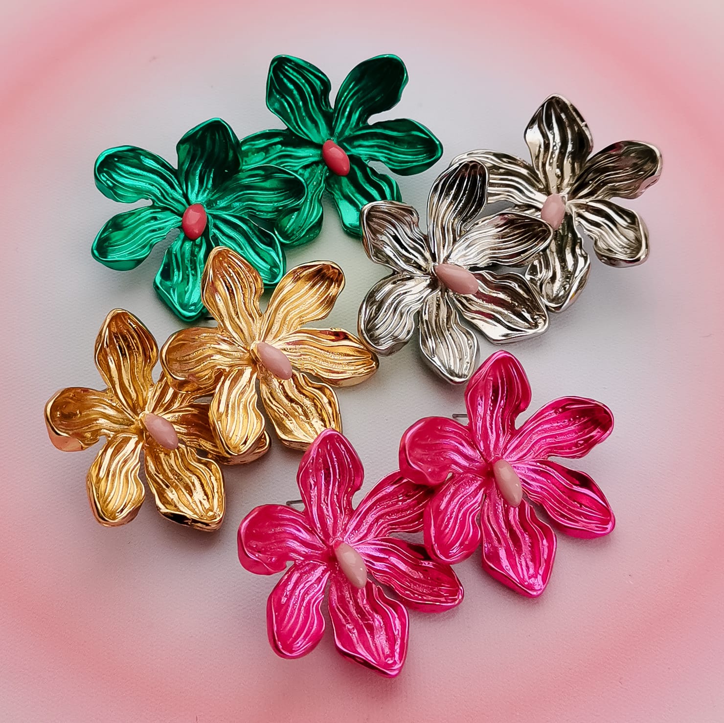 Brincos flores com centro rosa PAMPA MIA ®