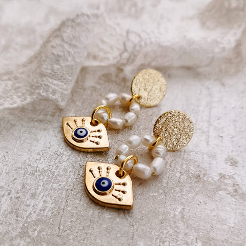 Brincos perolas e olho turco PAMPA MIA ®