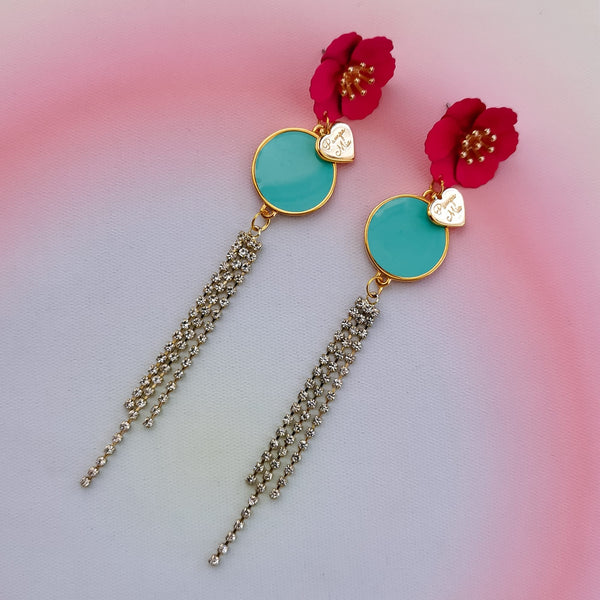 Brincos flor rosa forte e cascata de brilhantes PAMPA MIA ®