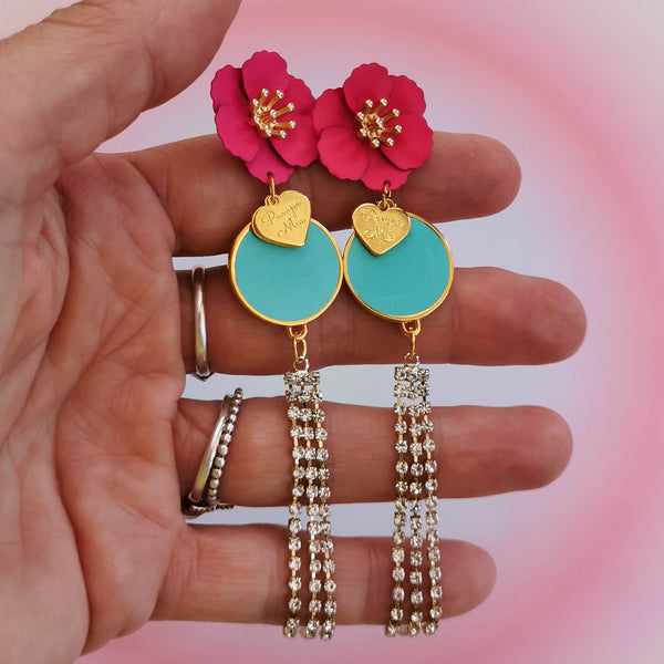 Brincos flor rosa forte e cascata de brilhantes PAMPA MIA ®