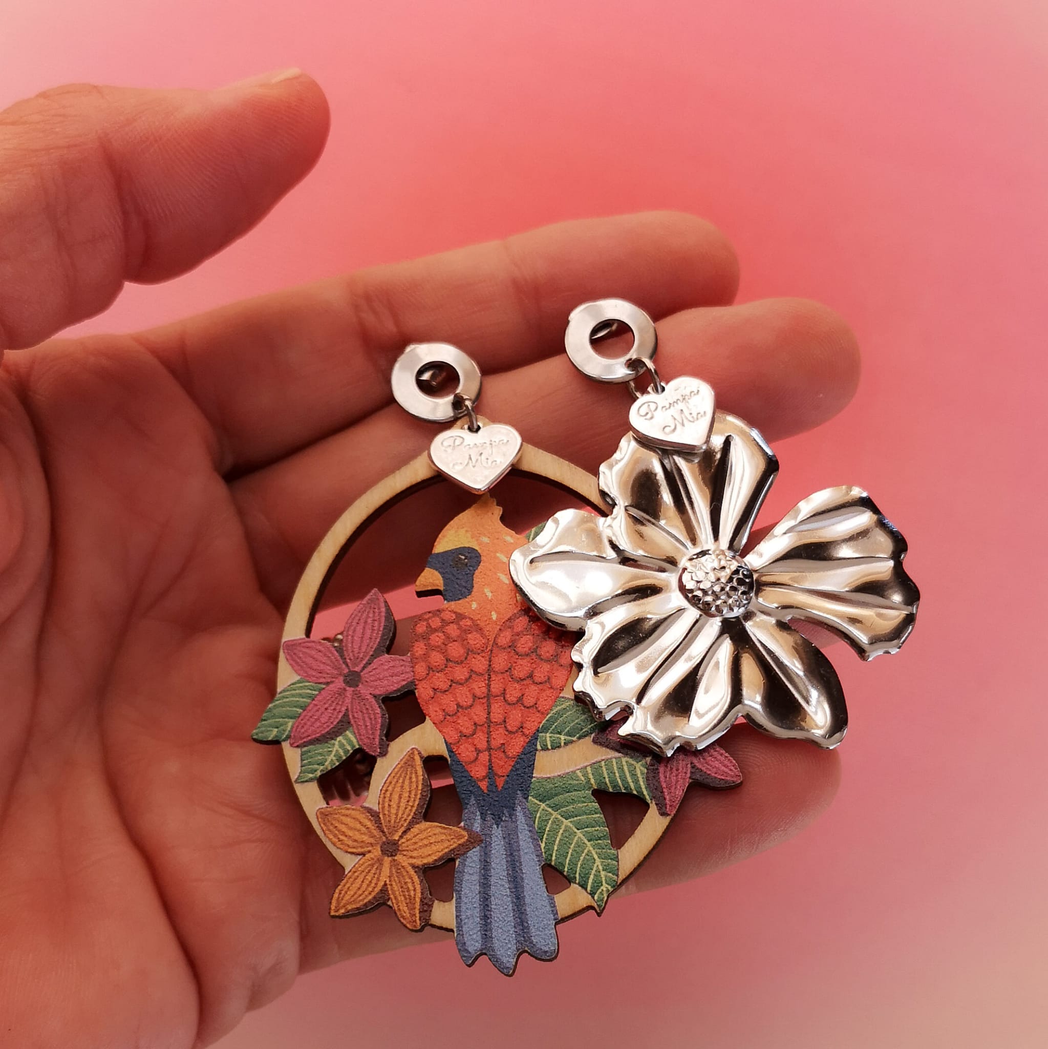 Brincos Pássaro & flor prateada PAMPA MIA ®