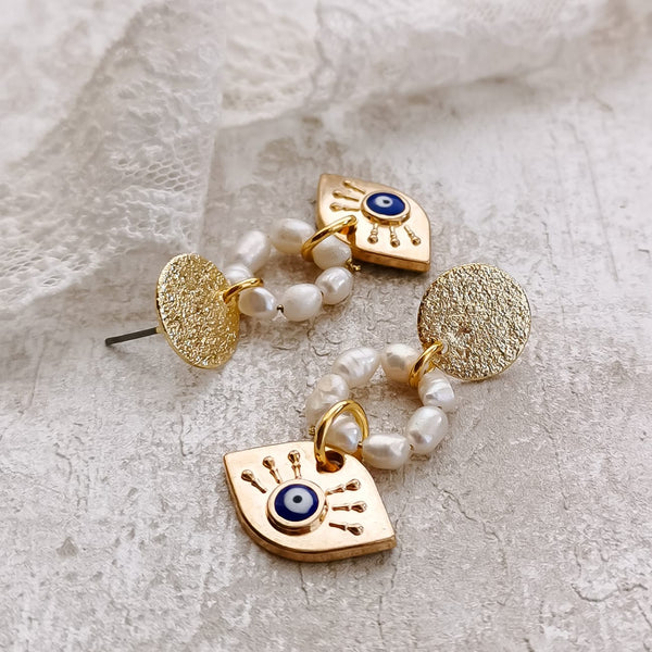 Brincos perolas e olho turco PAMPA MIA ®