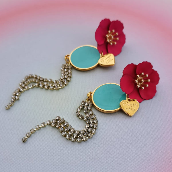 Brincos flor rosa forte e cascata de brilhantes PAMPA MIA ®