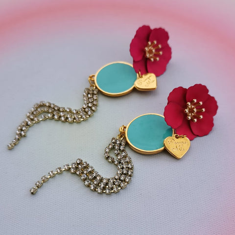 Brincos flor rosa forte e cascata de brilhantes PAMPA MIA ®