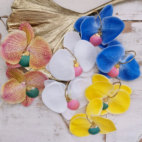 Brincos Orquídeas e Concha Colorida PAMPA MIA ®